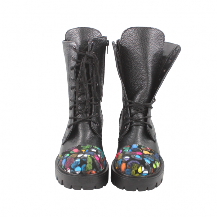 Ghete damă casual, piele naturală bizon, talpă ușoară, crampoane mari, negru, buline colorate, Sandali [3]