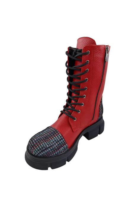 Ghete damă casual, piele naturală bizon, talpă ușoară cu striați, roșu, linii colorate, Sandali [2]