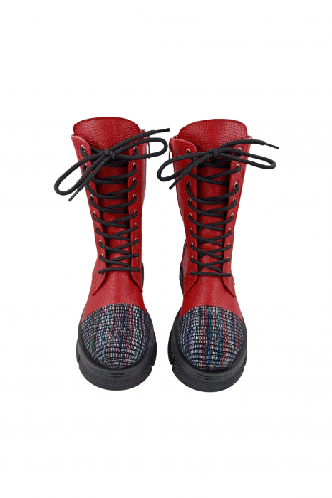 Ghete damă casual, piele naturală bizon, talpă ușoară cu striați, roșu, linii colorate, Sandali [4]