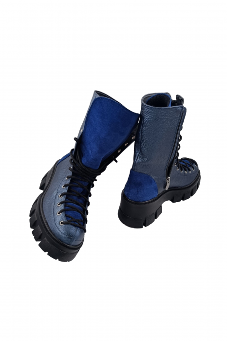 Ghete damă casual, piele naturală bizon, talpă ușoară, crampoane mari, albastru velur [5]