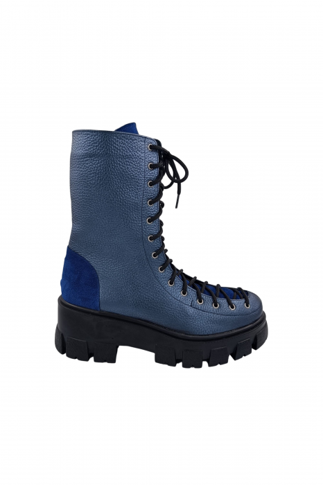 Ghete damă casual, piele naturală bizon, talpă ușoară, crampoane mari, albastru velur [2]