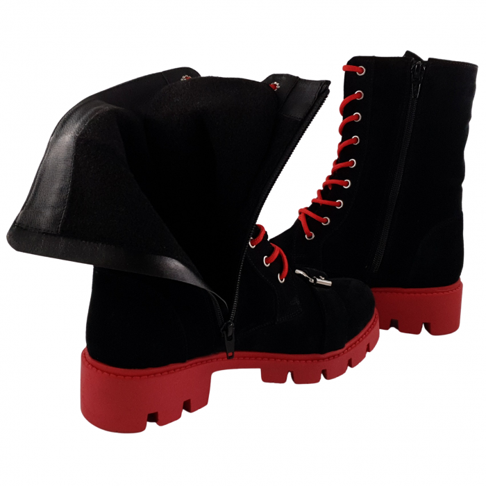 Ghete damă casual, piele naturală, talpă roșie, crampoane mari, șireturi roșii, negru velur, Sandali [4]