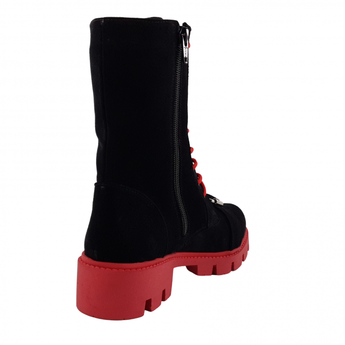 Ghete damă casual, piele naturală, talpă roșie, crampoane mari, șireturi roșii, negru velur, Sandali [2]