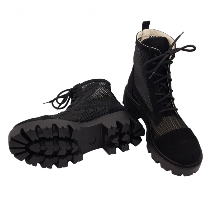 Ghete damă casual, piele naturală velur, plasă, talpă ușoară, crampoane mari, negru [4]