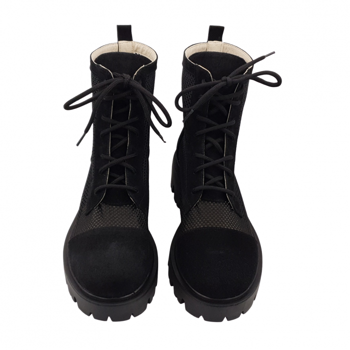 Ghete damă casual, piele naturală velur, plasă, talpă ușoară, crampoane mari, negru [3]