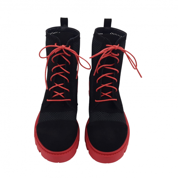 Ghete damă casual, piele naturală velur, plasă, talpă ușoară roșie, crampoane, negru [4]