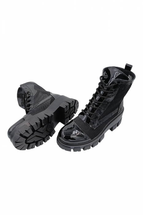 Ghete damă, piele naturală lăcuită, plasă, talpă ușoară, crampoane mari, negru [6]
