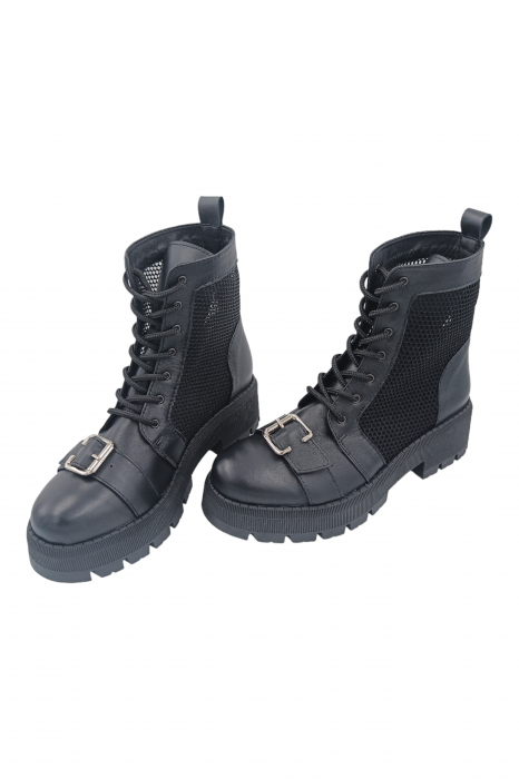 Ghete damă, piele naturală, plasă, talpă cu striați, ornament cataramă, negru, Sandali [6]