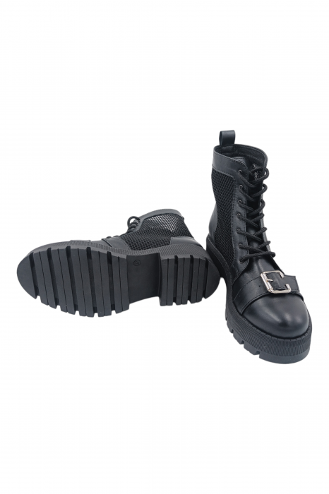Ghete damă, piele naturală, plasă, talpă cu striați, ornament cataramă, negru, Sandali [5]