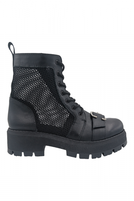 Ghete damă, piele naturală, plasă, talpă cu striați, ornament cataramă, negru, Sandali [4]
