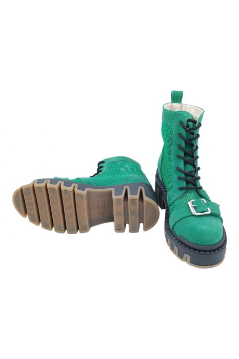 Ghete damă, piele naturală velur, plasă, talpă cu striați, ornament cataramă, verde, Sandali [6]