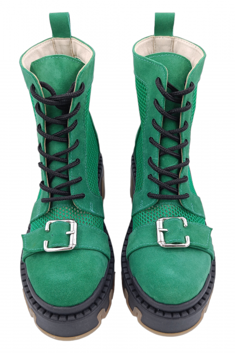 Ghete damă, piele naturală velur, plasă, talpă cu striați, ornament cataramă, verde, Sandali [4]