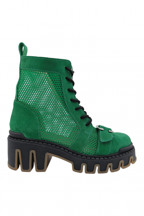 Ghete damă, piele naturală velur, plasă, talpă cu striați, ornament cataramă, verde, Sandali [2]