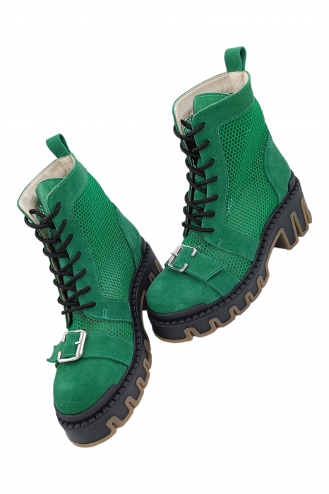 Ghete damă, piele naturală velur, plasă, talpă cu striați, ornament cataramă, verde, Sandali [5]