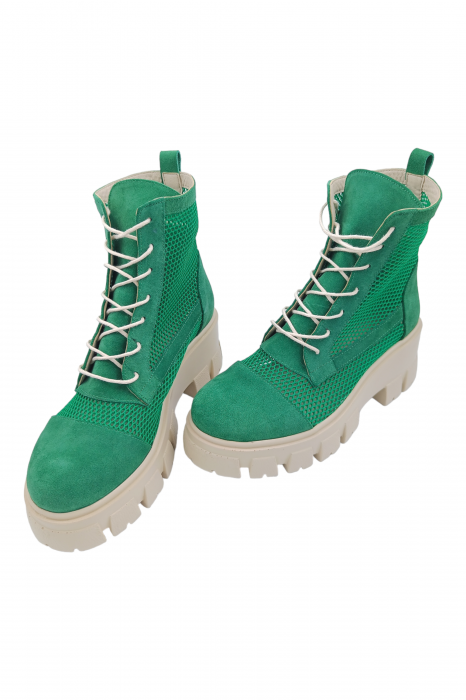 Ghete damă, piele naturală velur, plasă, talpă ușoară, crampoane mari, verde [5]