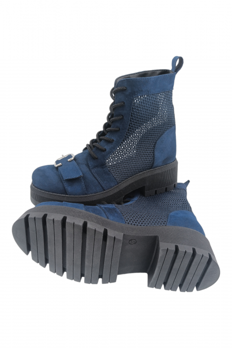 Ghete damă, piele naturală velur, plasă, talpă cu striați, ornament cataramă, bleumarin, Sandali [6]