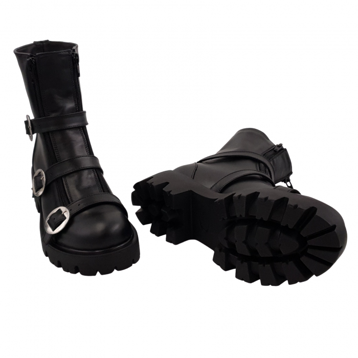 Ghete damă, piele naturală, barete cu catarame, talpă ușoară, crampoane mari, negru, Sandali [4]