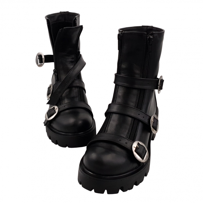 Ghete damă, piele naturală, barete cu catarame, talpă ușoară, crampoane mari, negru, Sandali [3]