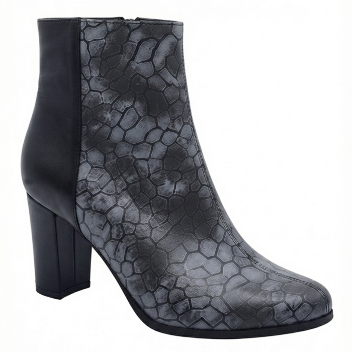 Botine damă din piele – Dark Mosaic & piele box neagră, toc bloc 6 cm, vârf rotunjit [2]
