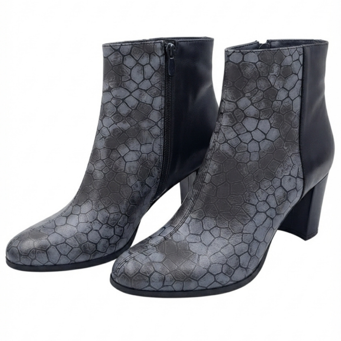 Botine damă din piele – Dark Mosaic & piele box neagră, toc bloc 6 cm, vârf rotunjit [4]