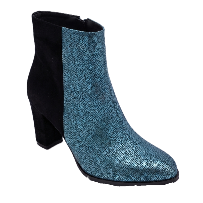 Botine damă din piele – Emerald Metallic & piele întoarsă neagră, toc bloc 6 cm, vârf rotunjit [2]