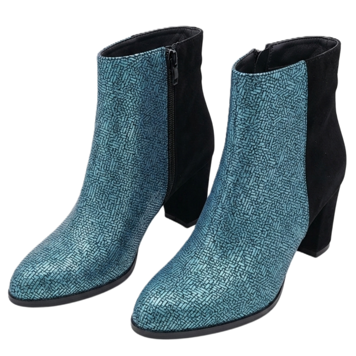 Botine damă din piele – Emerald Metallic & piele întoarsă neagră, toc bloc 6 cm, vârf rotunjit [4]