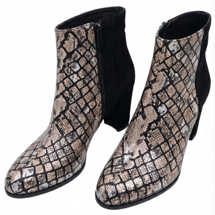 Botine damă din piele – Python Golden & piele întoarsă neagră, toc bloc 6 cm, vârf rotunjit [4]