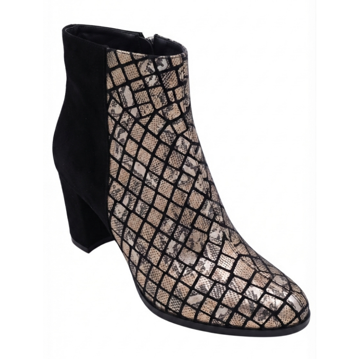 Botine damă din piele – Python Golden & piele întoarsă neagră, toc bloc 6 cm, vârf rotunjit [2]