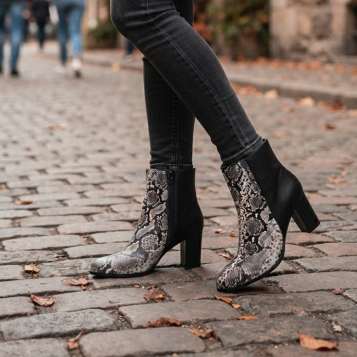 Botine damă din piele – Shadow Snake & piele box neagră, toc bloc 6 cm, vârf rotunjit [5]