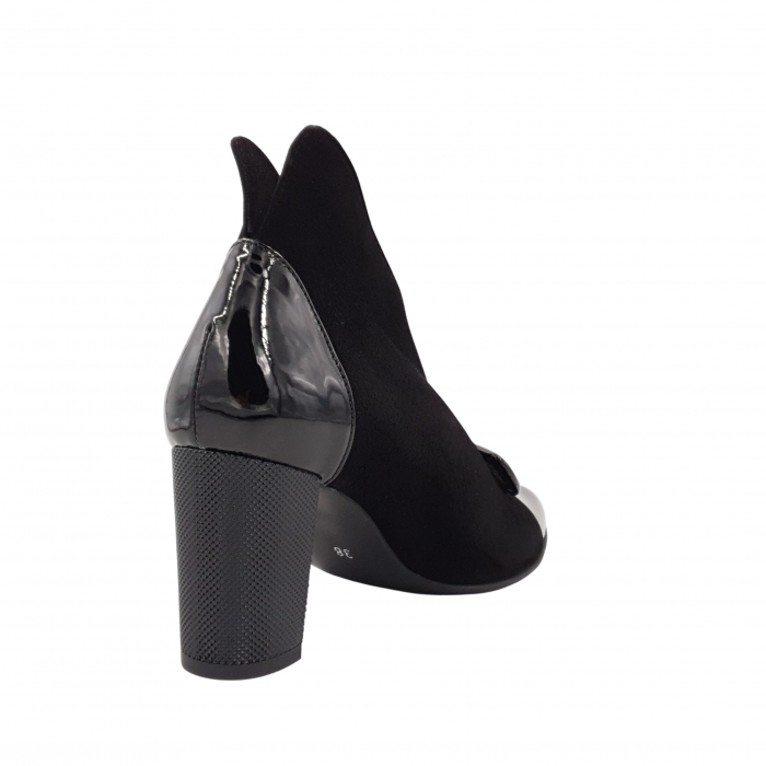 Botine damă elegante, piele naturală întoarsă, piele lăcuit, toc mediu gros, negru. [2]