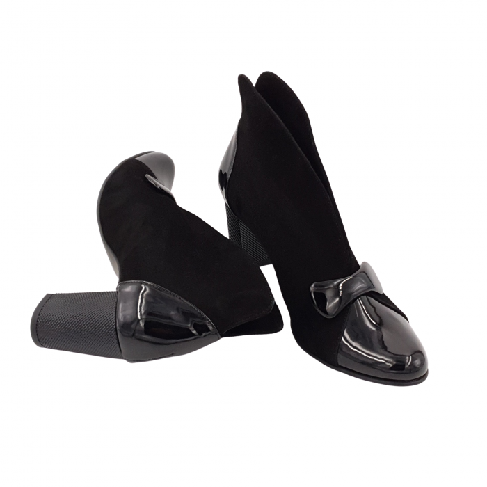 Botine damă elegante, piele naturală întoarsă, piele lăcuit, toc mediu gros, negru. [4]