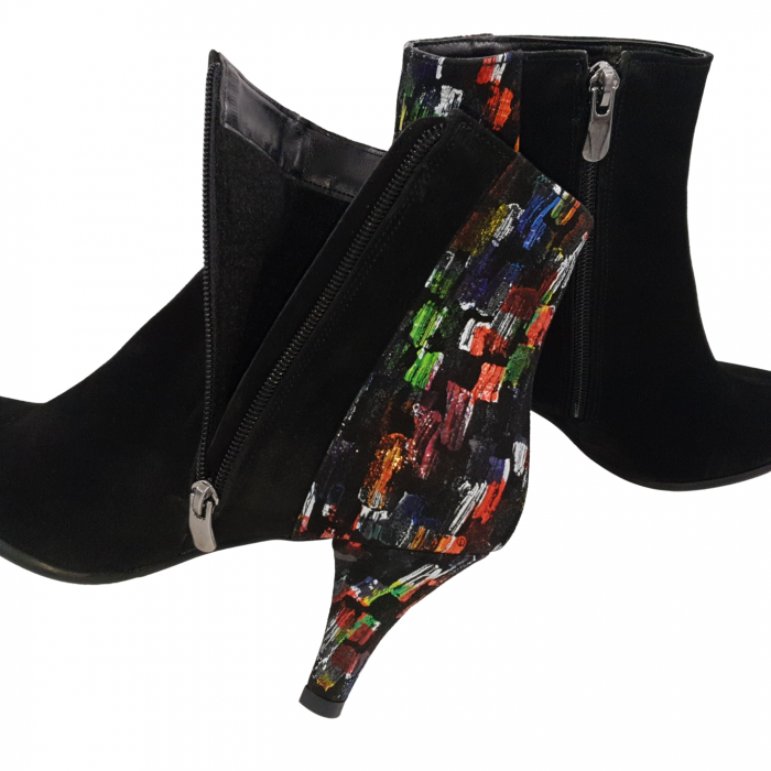 Botine damă eleganți, piele naturală întoarsă, vârf migdalat, toc cui, imprimeu picasso, negru [4]