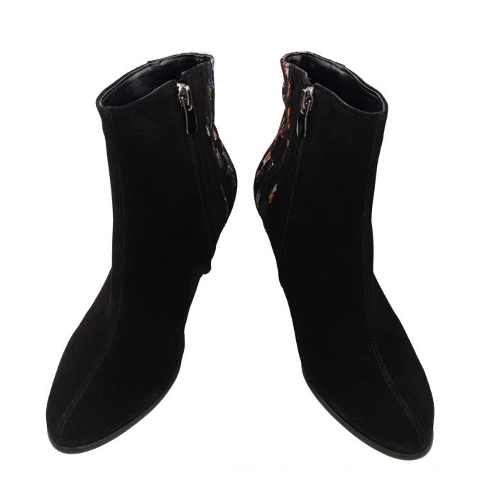 Botine damă eleganți, piele naturală întoarsă, vârf migdalat, toc cui, imprimeu picasso, negru [3]