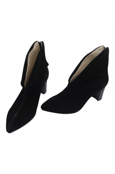 Botine damă elegante, piele întoarsă, vârf ascuțit, cu fermoar in spate, negru [5]