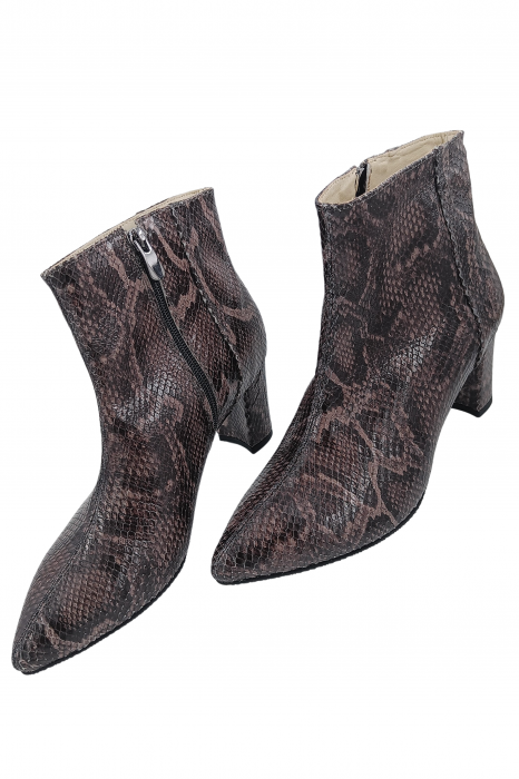 Botine damă eleganți, piele naturală șarpe, vârf ascuțit, toc gros îmbrăcat, maro inchis. [4]