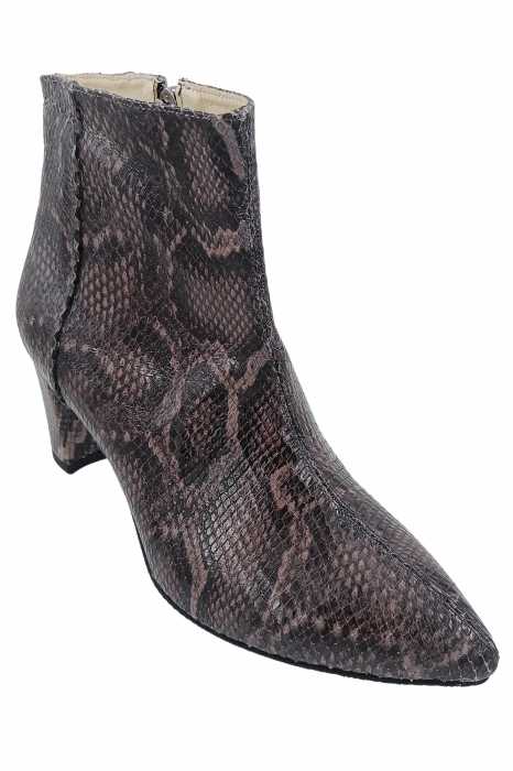 Botine damă eleganți, piele naturală șarpe, vârf ascuțit, toc gros îmbrăcat, maro inchis. [2]