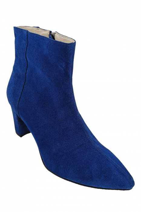 Botine damă eleganți, piele naturală, vârf ascuțit, toc gros îmbrăcat, albastru. [2]