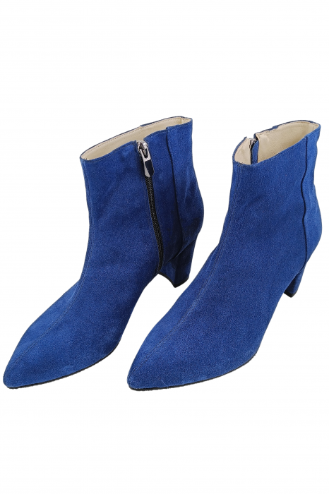 Botine damă eleganți, piele naturală, vârf ascuțit, toc gros îmbrăcat, albastru. [4]