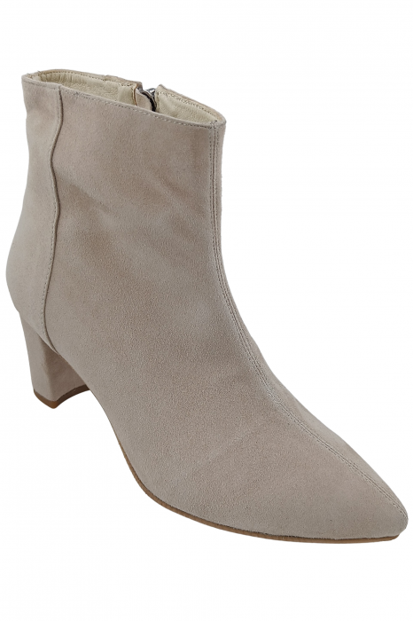 Botine damă eleganți, piele naturală întoarsă, vârf ascuțit, toc gros îmbrăcat, bej. [2]