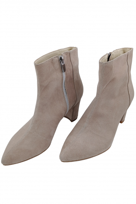 Botine damă eleganți, piele naturală întoarsă, vârf ascuțit, toc gros îmbrăcat, bej. [4]