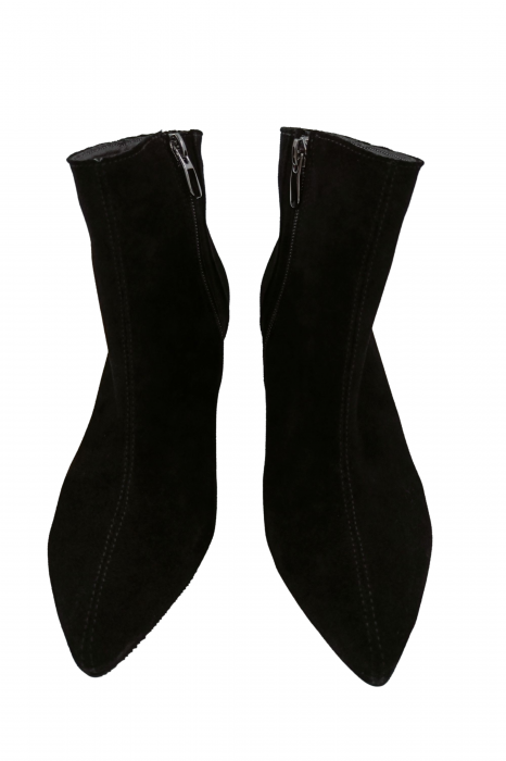 Botine damă eleganți, piele naturală întoarsă, vârf ascuțit, toc gros îmbrăcat, negru. [3]