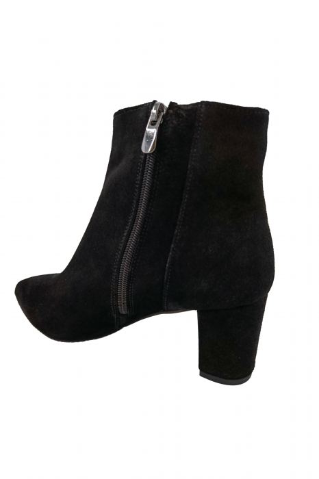 Botine damă eleganți, piele naturală întoarsă, vârf ascuțit, toc gros îmbrăcat, negru. [2]