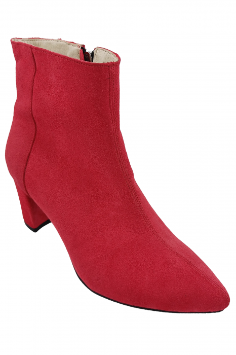 Botine damă eleganți, piele naturală întoarsă, vârf ascuțit, toc gros îmbrăcat, roșu. [2]