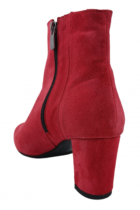 Botine damă eleganți, piele naturală întoarsă, vârf ascuțit, toc gros îmbrăcat, roșu. [3]