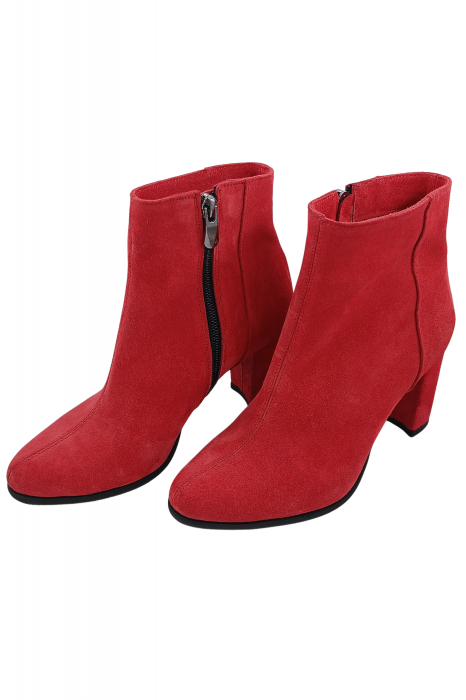 Botine damă eleganți, piele naturală întoarsă, vârf migdalat, toc gros îmbrăcat, roșu. [4]