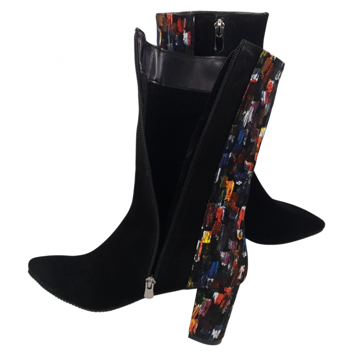 Cizme dama elegante, trei sferturi, piele naturala, velur, varf ascutit, toc gros, negru, patratele colorate, Sandali [4]
