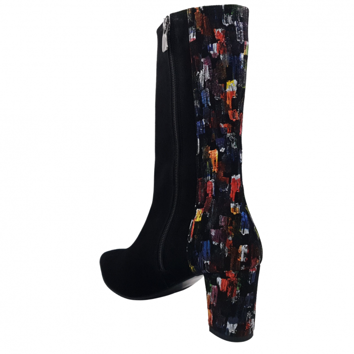 Cizme dama elegante, trei sferturi, piele naturala, velur, varf ascutit, toc gros, negru, patratele colorate, Sandali [2]