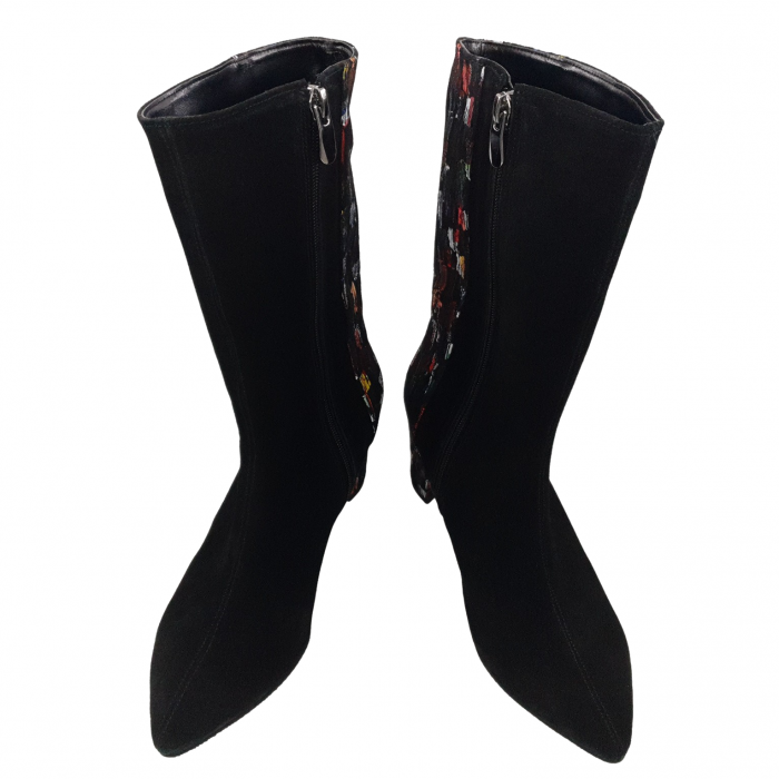 Cizme dama elegante, trei sferturi, piele naturala, velur, varf ascutit, toc gros, negru, patratele colorate, Sandali [3]