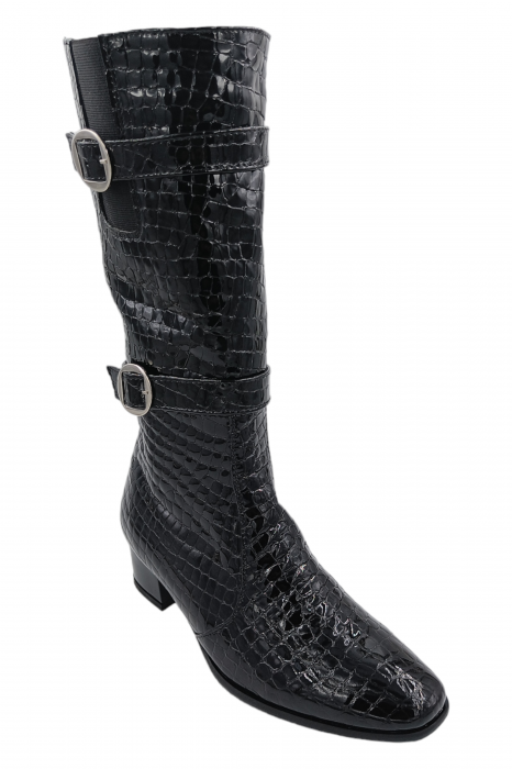 Cizme dama eleganti, piele naturala, elastic, catarama, fermoar, negru lacuit, Sandali [2]