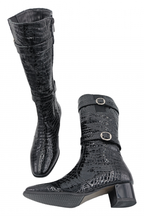 Cizme dama eleganti, piele naturala, elastic, catarama, fermoar, negru lacuit, Sandali [6]